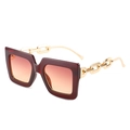 Oversized square sunglasses in deep burgundy with orange gradient lenses and gold chain temples - Red Frame Gradient Red Lens