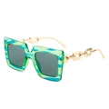 Square oversized sunglasses with blue-green marbled frame and gold chain metal temples - Green Stripe Frame Grey Lens