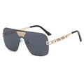 Fashion rimless oversized shield sunglasses with gold Greek key metal chain temples - Gold Leg Black Grey Lens