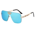 Frameless blue mirrored shield sunglasses with gold meander chain temples for women - Gold Arms Blue Mirror Lens
