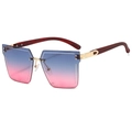 Frameless square sunglasses with blue-pink gradient lenses and wood texture temples - Brown Pattern Temples Grey Pink Lens