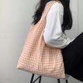 Orange and white checkered seersucker tote bag with large capacity for women - Orange