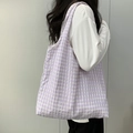 Minimalist purple and white plaid canvas tote bag with textured seersucker fabric style - Light Purple