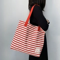 Red and white striped large canvas tote bag with red shoulder strap and cute bear patch - Red Stripe