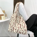 Sac fourre-tout en coton avec motif floral rouge et vert sur fond beige crème - Motif Églantine (Avec Doublure)