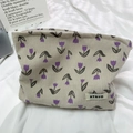 Trousse à maquillage en velours côtelé à motif tulipes avec fermeture éclair - Style Velours Côtelé Tulipe Violette