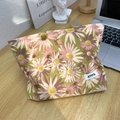 Detail of floral makeup bag featuring pink daisy pattern on a light green corduroy texture - Large Daisy Pink Makeup Bag