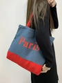 Grande borsa tote in tela rossa e blu con stampa Paris e ampie tracolle resistenti - Borsa in tela patchwork denim Paris