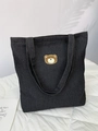 Detail of cute bear plush embroidery on dark denim tote bag with contrast yellow stitching - Embroidered Bear / Black