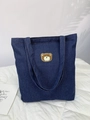 Close-up of cute bear face embroidery on dark blue denim tote bag for daily use - Embroidered Bear / Dark Blue