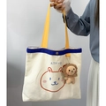Cute cartoon bear canvas tote bag with contrast yellow straps and lion plush pendant - Cartoon Bear Print Contrast Color Style (With Lion Charm)