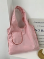 Pink nylon tote bag with red and white gingham trim and a front pocket for daily commute - Pink