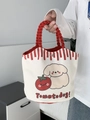 Detail of canvas tote bag with red handle, cartoon dog print and silver metal snap button - Red Braided Handle Tomato Dog Style (Tomatodog!)