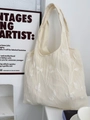 Detailed close-up of delicate leaf embroidery on a cream-colored lace tote bag - White Leaf and Butterfly Embroidery (Beige)