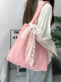 Pink and white striped canvas tote bag with a white lace bow detail for women - Fine Red Striped