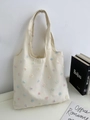 Beige canvas tote bag with colorful 3D rose embroidery and macaron flower accents - Colorful 3D Rose Floral (Off-White)