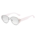 Retro oval silver metal sunglasses with pink translucent frame in 45-degree view - Pink Frame Silver Mirror Lens