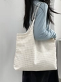 Minimalist white grid pattern canvas tote bag for women showing large capacity design - White Grid