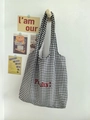 Classic black and white gingham tote bag with red Peachy! print and shoulder strap - Black and White Gingham (Peachy Dark Red Letters)