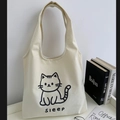 Beigefarbene Canvas-Einkaufstasche mit süßem schwarzem Schlafkatzen-Print und Text - Katzen-Druck (Sleep)