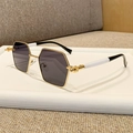 Classic square metal sunglasses with gold frames and black-white spliced temples - Solid Grey