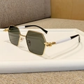 Classic square gold metal sunglasses with dark green lenses and monochrome temple tips - Transparent Green
