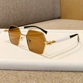 Modern hexagonal gold metal sunglasses with amber lenses and black and white temples - Transparent Tea