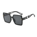 Fashionable square oversized sunglasses in black with unique hollowed golden metal temples - Black Frame Black Grey Lens