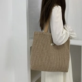 Minimalist brown and white herringbone tote bag with wide straps for autumn and winter commute - Woolen Stripe Khaki