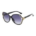 Elegante schwarze Oversize-Sonnenbrille mit lila Farbverlauf und goldener Rose - Schwarzer Rahmen Grauer Verlaufsglas