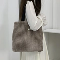 Minimalist herringbone tote bag with black canvas straps and brand label for commute - Woolen Stripe Brown