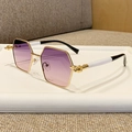 Square gold metal sunglasses with purple gradient lenses and black white temple details - Grey Pink (RS203)