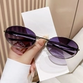 Oval silver metal sunglasses with purple gradient lenses for a stylish fashion look - Shiny Nickel Frame Double Grey Lens (KJS282)