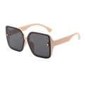 Classic oversized square frame sunglasses with beige temples and gold letter accents - Beige Frame Black Gray Lens