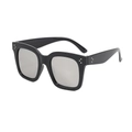Classic black square oversized sunglasses with triple metal rivets on white background - Black Frame Silver Mirror Lens
