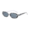 Classic oval frame sunglasses with retro black and white cow print and dark grey lenses - Spotted Black Frame Grey Lens