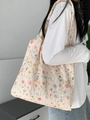 Off-white floral embroidery canvas tote bag with pink and blue small flower patterns - Embroidered Floral Beige Vest Bag