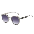 Modern irregular silver metal frame sunglasses with purple gradient lenses on white backdrop - Silver Frame Gradient Grey Lens