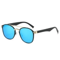 Retro Doppelbrücke Oval Sonnenbrille mit schwarzem Rahmen und blauen Spiegelgläsern - Schwarzer Rahmen Blaue Spiegel Linsen
