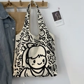 Künstlerische cremefarbene Canvas-Einkaufstasche mit schwarzen Handzeichnungen - Mädchen Stil Westentasche