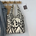 Cremeweiße Canvas-Einkaufstasche mit schwarzer Comic-Figur und Graffiti-Muster für Damen - Jungen Stil Westentasche