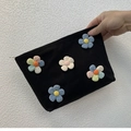 Borsa da trucco nera in tela con cinque fiori decorativi 3D colorati e chiusura lampo - Nero