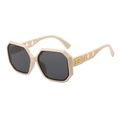 Retro oversized polygon sunglasses in cream beige with golden B-letter temple detail - Beige Frame Black Gray Lens