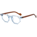 Modern hexagonal transparent blue frame eyeglasses with dark brown temples in side view - Light Blue Frame