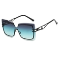 Modern rimless irregular polygon sunglasses with gradient blue lenses and hollow metal temples - Black Frame Grey Blue Lens