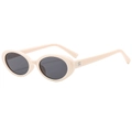 Retro oval beige sunglasses with dark grey lenses and stud hinge detail on white background - Beige Frame Black Gray Lens