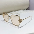 Fashionable gold square metal sunglasses with star decor and champagne tinted lenses - Golden Frame / Transparent Tea Lens