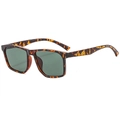Retro square sunglasses with leopard tortoise frame and dark green lenses in 45-degree view - Tortoise Frame Green Lens