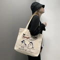 Japanse retro canvas draagtas met pinguïnprint en grote capaciteit schoudertas voor - Beige