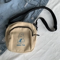 Beige canvas crossbodytas met konijnenprint en verstelbare zwarte riem voor studenten - Khaki